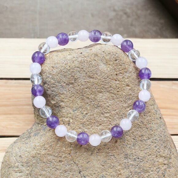 Artisan Jewelry - Amethyst Rose Quartz Clear Quartz Gemstone Bracelet Purple Pink | Handmade